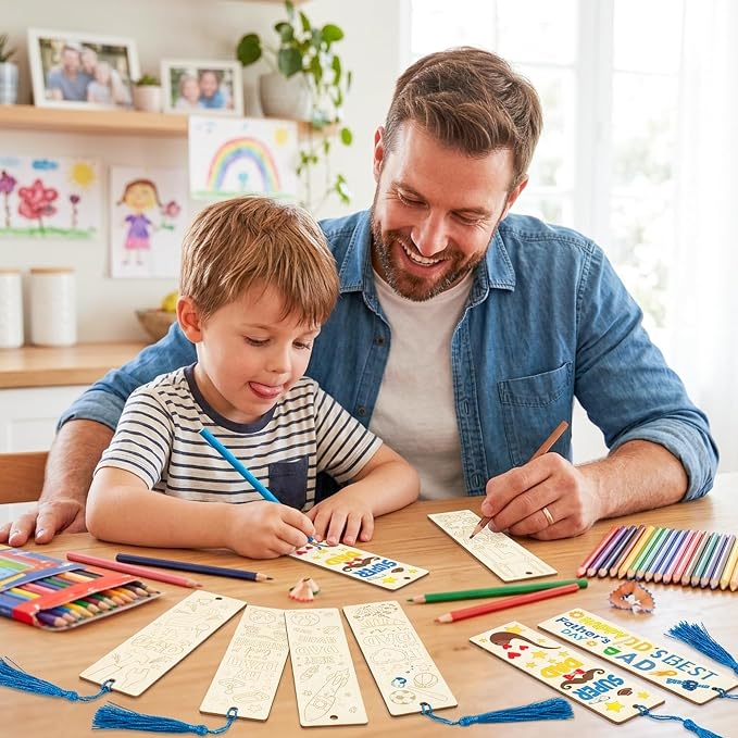 Father’s Day Color Your Own Blank Bookmarks for Kids - 36Pcs Unfinished Wooden Bookmarks with Tassel for Father’s Day Art Craft School Home DIY Activity Supplies Goodie Fillers