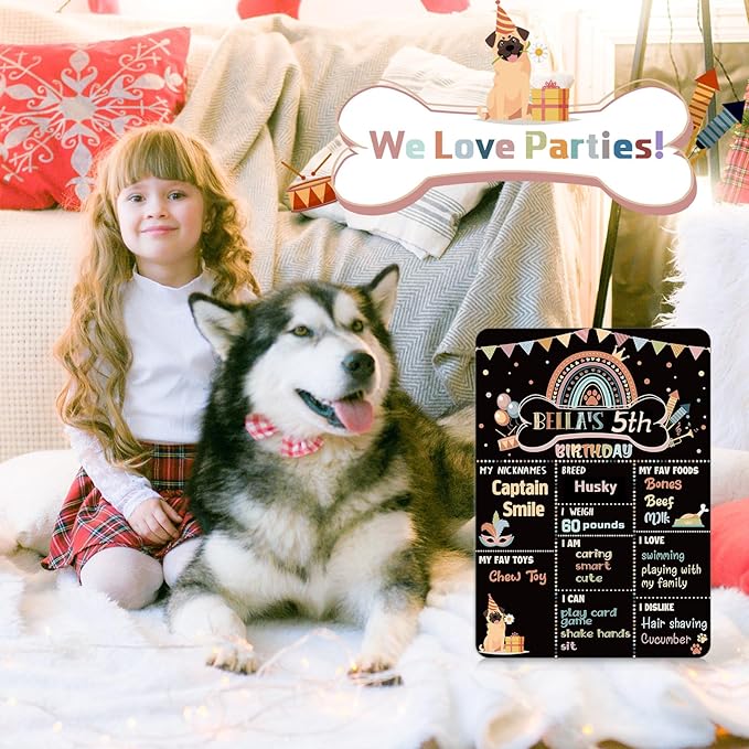 Tiamon Dog Birthday Chalkboard Boho Themed Dog Birthday Photo Props Rainbow Pet Milestone Chalkboard Sign for Party Supplies Double Sided Reusable Erasable 14 x 10 Inch