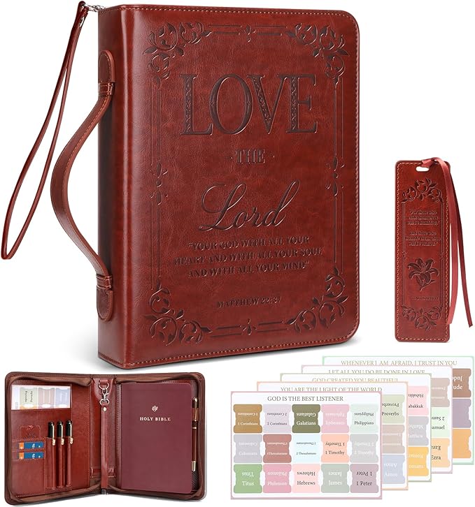 IVGHV Leather Bible Cover for Men, Premium PU Leather Bible Cover Case for Women Large, Church Bag, Carrying Book Case, Bible Book Cover with Handle&Zippered Pocket, Bible Bag for Men & Women (Brown)