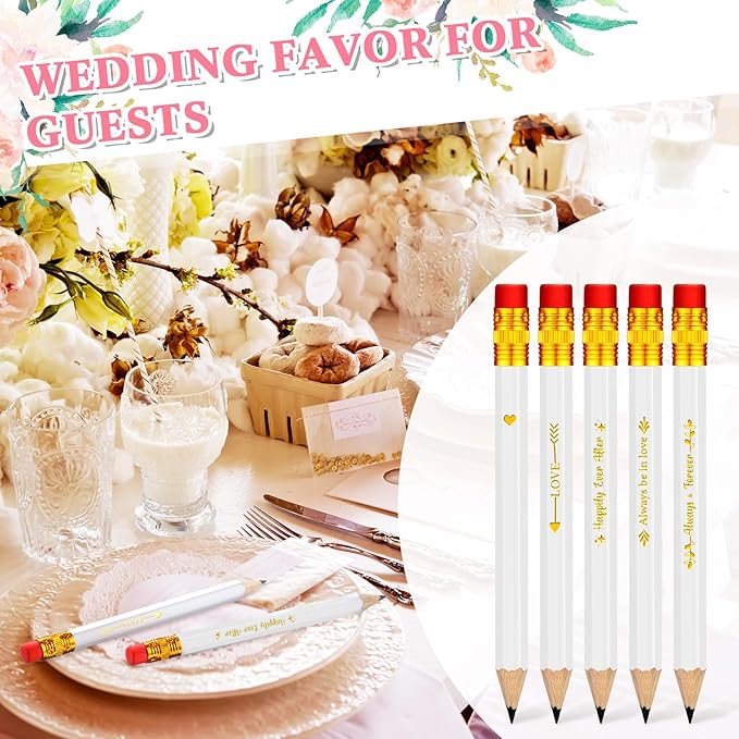 Crtiin 50 Pcs Bridal Shower Pencils Half Golf Wedding Pencils with Eraser 4 Inch Short Pocket Pre Sharpened for Wedding Game Bridal Shower Presents Classroom School(White)