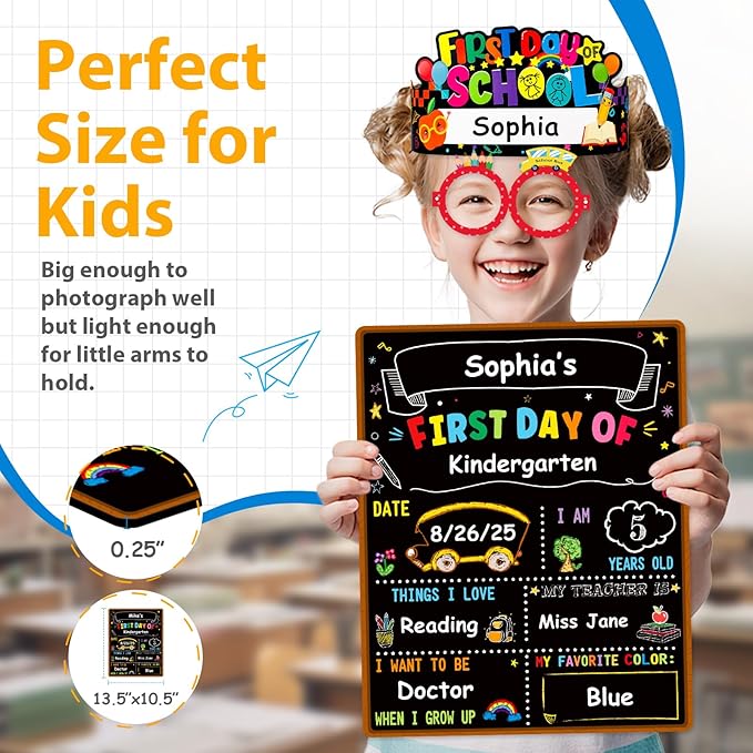 D4DREAM First Day of School Chalkboard Sign - 13.5''x10.5'' Double-Sided 1st First and Last Day of School Board with Paper Crown & Glasses Back to Schools Supplies for Kids Kindergarten