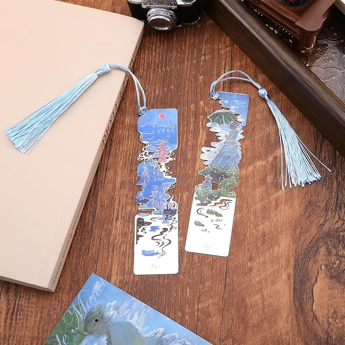 2 Metal Bookmarks with Tassel, Oil Painting Woman with a Parasol and Impression Sunrise