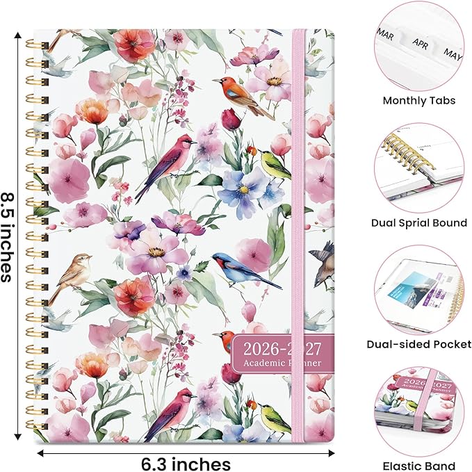 Planner 2026-2027, Monthly and Weekly Academic Planner July 2026 - June 2027, Hardcover Student Teacher Planning Agenda Calendar Book with Tabs, Perfect for Office School Supplies, A5 (6.3" x 8.5") - Songbird Bloom
