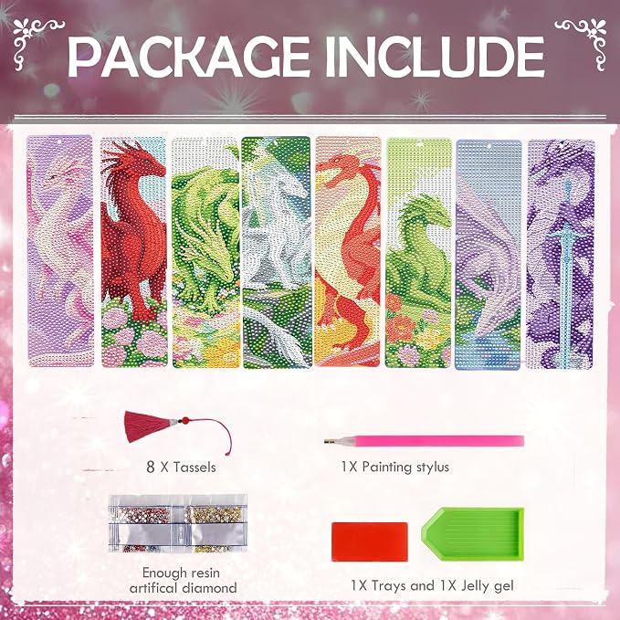 Dragon Diamond Art Bookmarks Kits - 8 Pcs DIY Diamond Painting Bookmarks with Tassel, Colorful Gem Art Craft Birthday Festival Gift for Reading Lover Beginners Bookworn