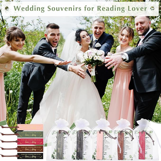 Dispowreath 100 Sets Wedding Favors for Guests Bulk Includes PU Leather Bookmarks Cards and Organza Bags Bridal Shower Thank You Gifts Wedding Welcome Gifts Recuerdos para Boda