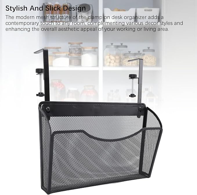 Fockety Desk Side Storage, No Drill Steel Under Desk Storage Laptop Holder, Mesh Hanging Desk Organizer, Clamp On Desk Shelf, Side Desk Organizer, Desk Storage Holder for Office and Home