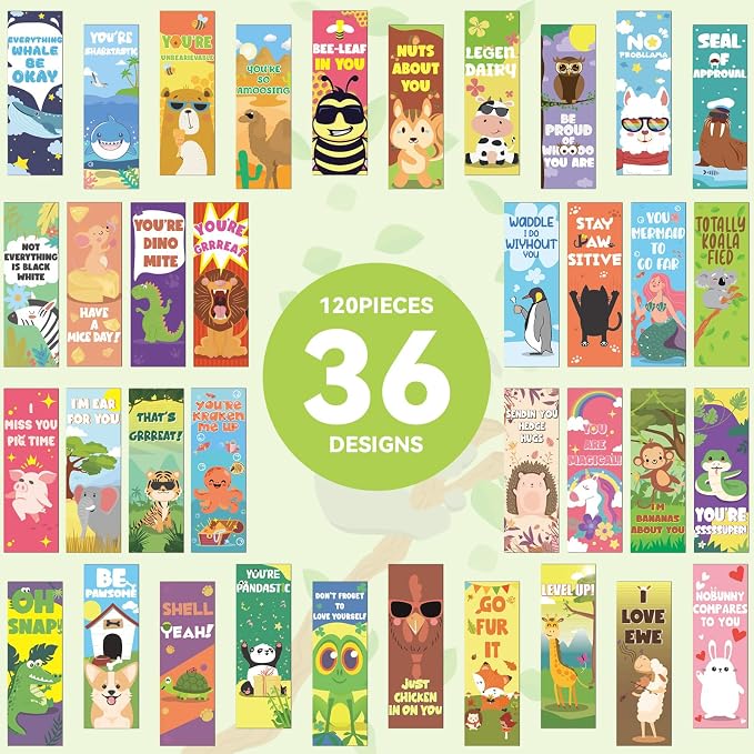 120PCS Animal Book Marks for Reading Kids, Paper Bookmark Set Motivational Animal Pun Book Marks, Bulk Funny Book Marks for Book Lovers Classroom Reward