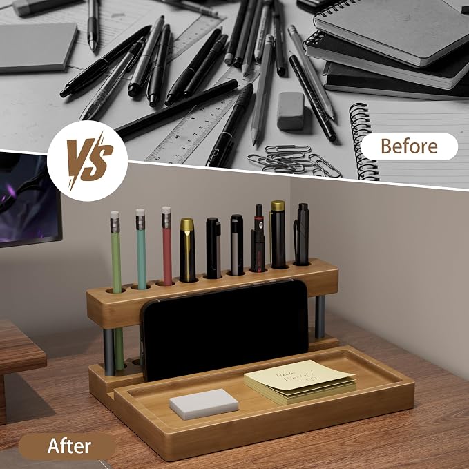 Wooden Holder for Office Desk, Solid Wood Pen Display Stand With 9 Slots and Cell Phone Holder, Aesthetic Pen Organizer for Minimalist Office Desk Decor (Tray+Black)