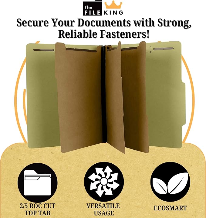The File King Three Divider Pressboard Classification Pale Green File Folder - Letter Size | Box of 10 | 2/5 ROC Top Tab | 3” Expansion | Eight 2-Inch Fastener Prongs | Made in USA