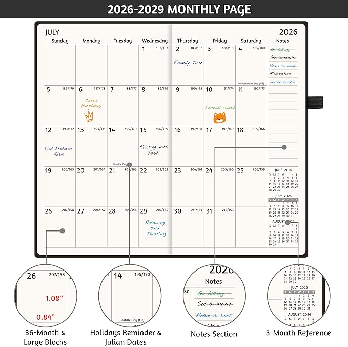 2026-2029 Pocket Monthly Planner, 3 Year Calendar 2026-2029, 6.2’’ x 3.6’’ x 0.67’’, Small Calendar 2026, 36 Months from Jul 2026 - Jun 2029, Hardcover, Back Pocket, Thick Paper, Lightweight to carry