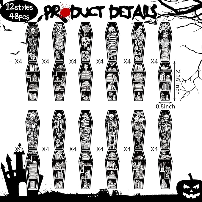 Clabby 48 Pcs Mini Gothic Skeleton Coffin Magnet Bookmarks Bulk with Magnet Halloween Gothic Book Marker Dark Romance Holiday Gift for Book Lovers Bookworm Bookish 12 Style