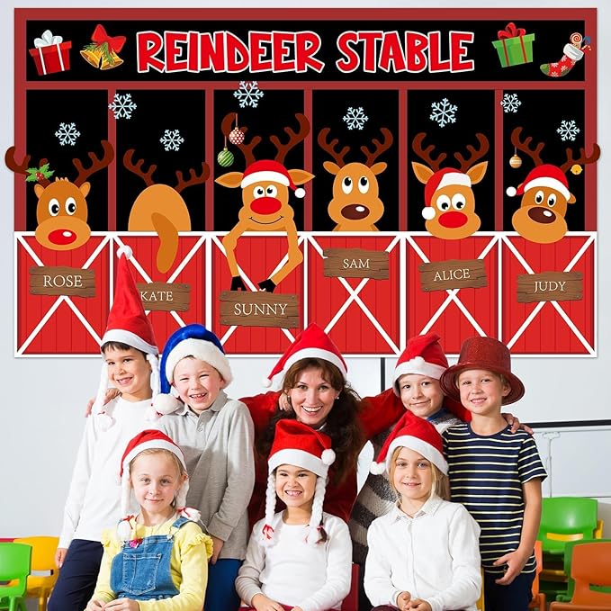 Christmas Deer Bulletin Board Decorations Set Xmas Reindeer Stable Christmas Elk Winter Classroom Paper Cutouts for Holiday School Home Wall Supplies