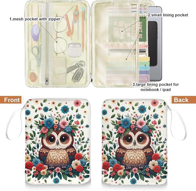 Owls Book Sleeve Book Pouch, PU Leather Waterproof Kindle Pouch, Cute Book Protector Case with Zipper, 12.6"x 9.4" Print Portable Book Cover Bag for Book Lovers Gifts Paperbacks Bibles