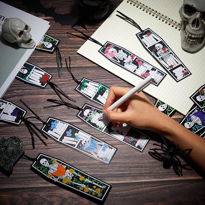 TaoBary 100 Pcs Gothic Skeleton Coffin Bookmarks Spooky Skull Book Marker Bulk Double Sided Halloween Horror Book Tracker with Black Ribbon for Bookworm Reading Lovers Gifts Goodie Bag Fillers
