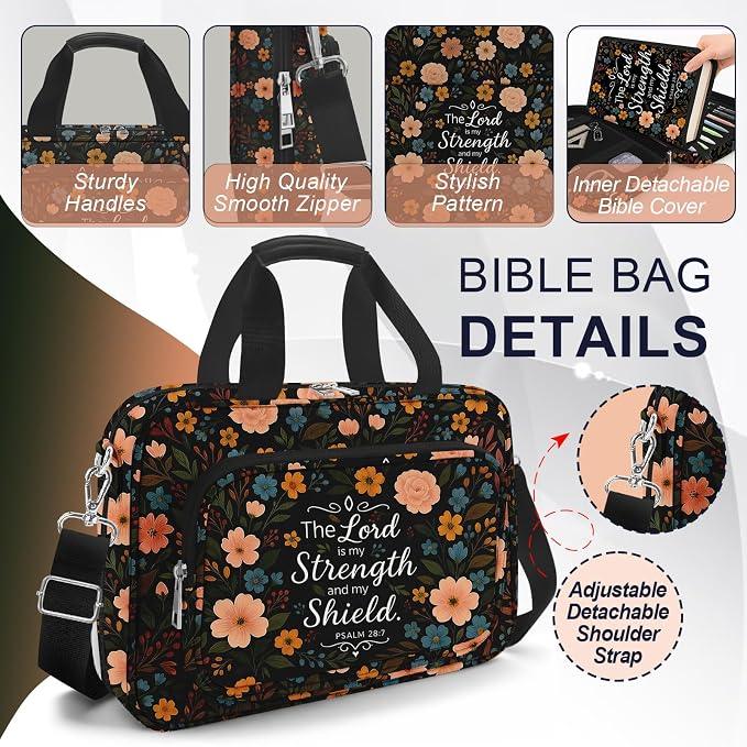 Floral Bible Cover for Women, Large Bible Bag Carrying Case with Shoulder Strap Bible Study Supplies Journaling Kit Book Carrying Case with Pens Highlighters Cross Clips Tabs Christian Gift