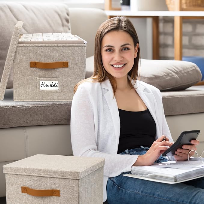 Decorative File Organizer Box Set of 2 - Collapsible Linen Filing Cabinets with Handles Are Perfect to Store All Your Documents & Hanging File Folders - Portable Easy Slide Office Crates with Lid