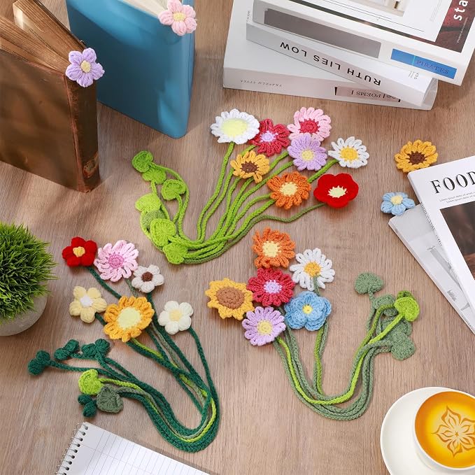 AmazingSpark 24 Pcs Flower Crochet Bookmarks Women Personalized Crochet Handmade Knitted Bookmark Flowers Bulk for Book Lovers and Teachers
