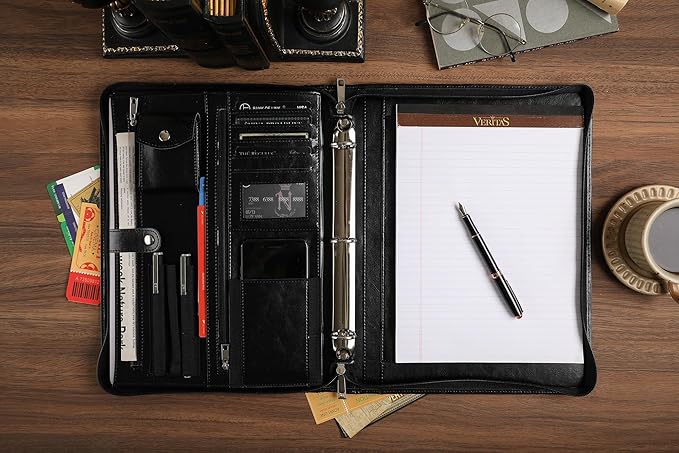 Black Leather Padfolio for Women/Men, Business Leather Binder 3 Ring Portfolio, Personalized Leather Portfolio Binder, Zippered Portfolio Organizer for A4 Notepad & 13-inch Laptop/Tablet