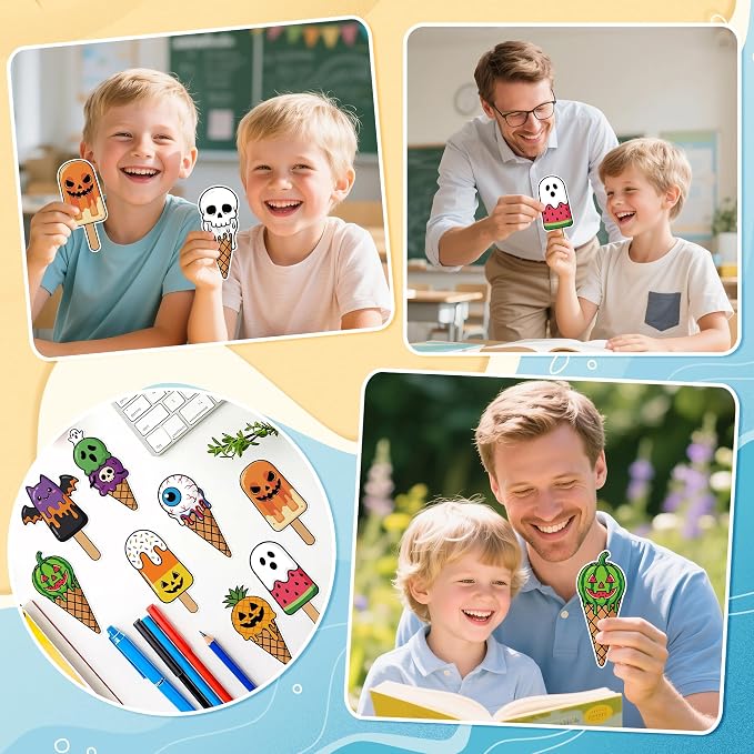 Eartim Summer Ice Cream Bookmark - 98Pcs Cartoon Little Boo Ghost Pumpkin Ice Cream Pattern Bookmark for Kid Summer Holloween Party Gift Birthday Goodie Bag Filler School Game Prize Reading Lover Gift