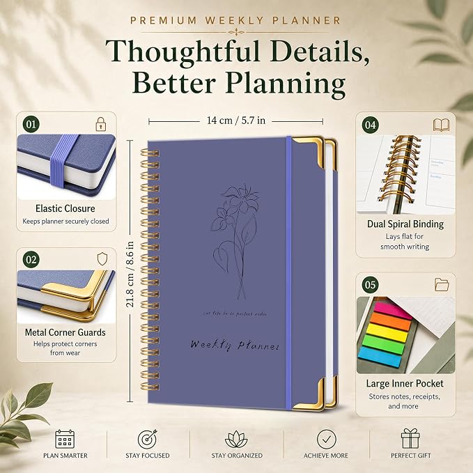 Undated Weekly Planner, Weekly To Do List Notebook with Goal & Habit Tracker Organizer, A5 Hardcover Weekly Planner for ADHD, Office School Home Supplies, Reduces Stress and Boosts Productivity - Purple