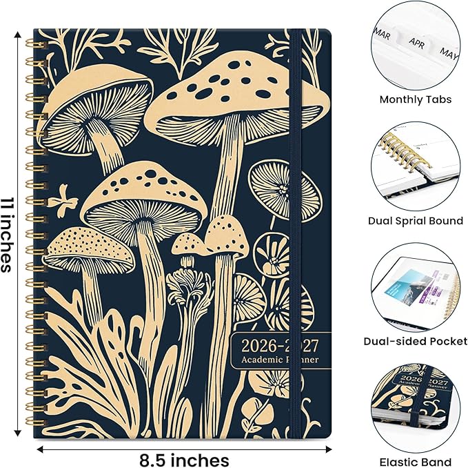 Planner 2026-2027, Monthly and Weekly Academic Planner July 2026 - June 2027, Hardcover Student Teacher Planning Agenda Calendar Book with Tabs, Perfect for Office School Supplies, A4 (8.5" x 11") - Mystic Mushrooms