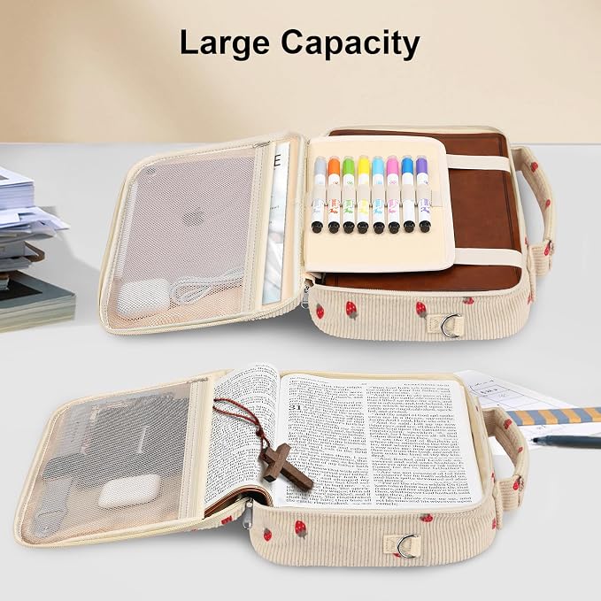 FINPAC Large Bible Cover w/Shoulder Strap, Carrying Book Case Church Bag Bible Protective w/Pen Slots and Zippered Pocket, Gift for Women Lady, Corduroy Strawberry