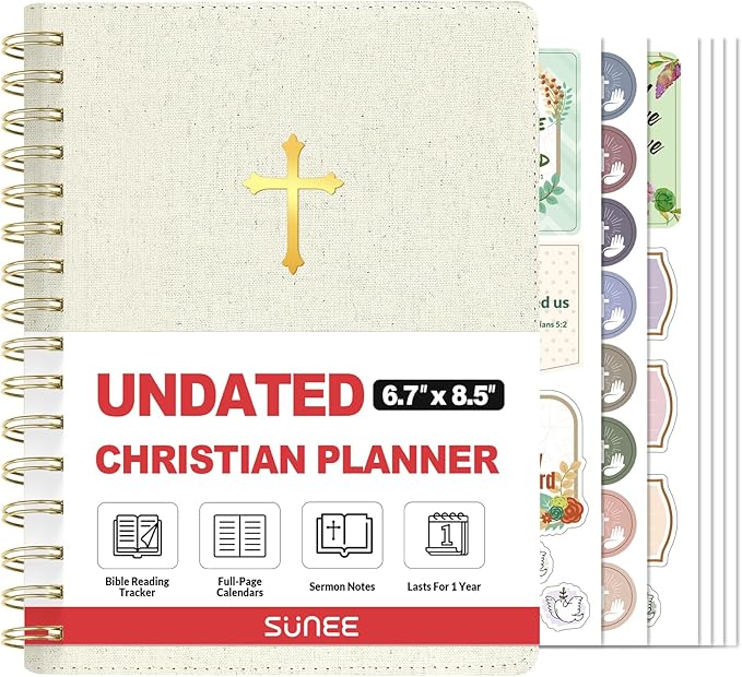 SUNEE Christian Planner - Undated 12 Month Bible Journal and Prayer Planner A5 Spiral Bound, Monthly & Weekly Christian Organizer Gifts for Women Men (Beige)