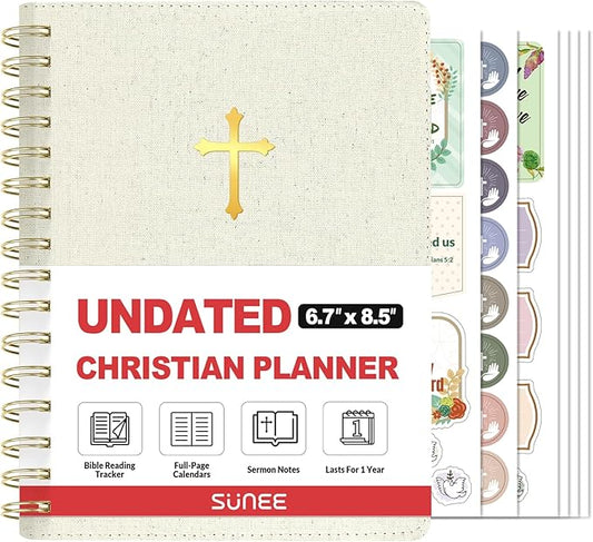 SUNEE Christian Planner - Undated 12 Month Bible Journal and Prayer Planner A5 Spiral Bound, Monthly & Weekly Christian Organizer Gifts for Women Men (Beige)