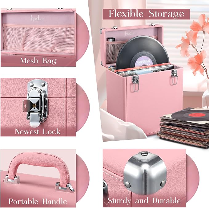 Hododou Vinyl Record Storage Box with Lock Record Organizer Storage for 30+ Single Records 12-inch Water Resistant Collapsible Storage Crate with Handle Mesh Pouch for Valuable Album Collection Pink