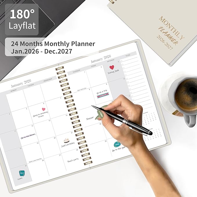 2026-2027 Monthly Planner - 2 Year Monthly Planner 2026-2027, Hard Cardboard Cover, Jan 2026 - Dec 2027, 7.5" x 10", 2 Year Calendar with 24 Month, Twin-wire Binding, Note Pages