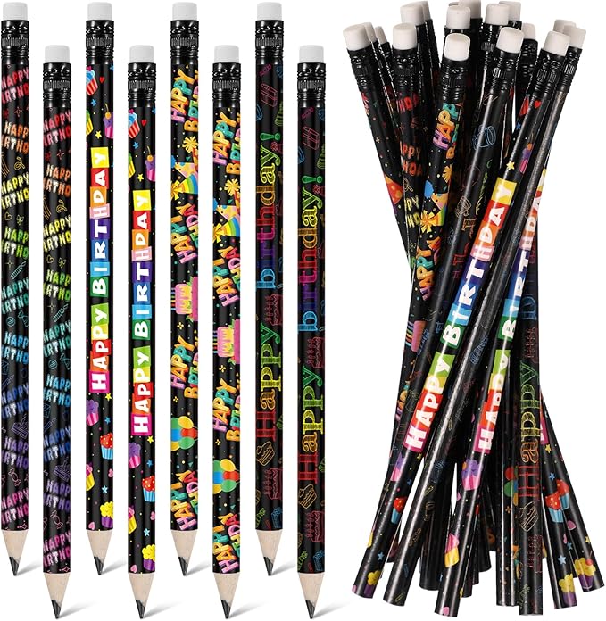 Sabary 60 Pcs Happy Birthday Pencils Colorful Birthday School Student Supplies Unsharpened HB Pencils with Erasers Stationery Bulk for Teacher Classroom Reward Party Supplies(Black,Birthday)