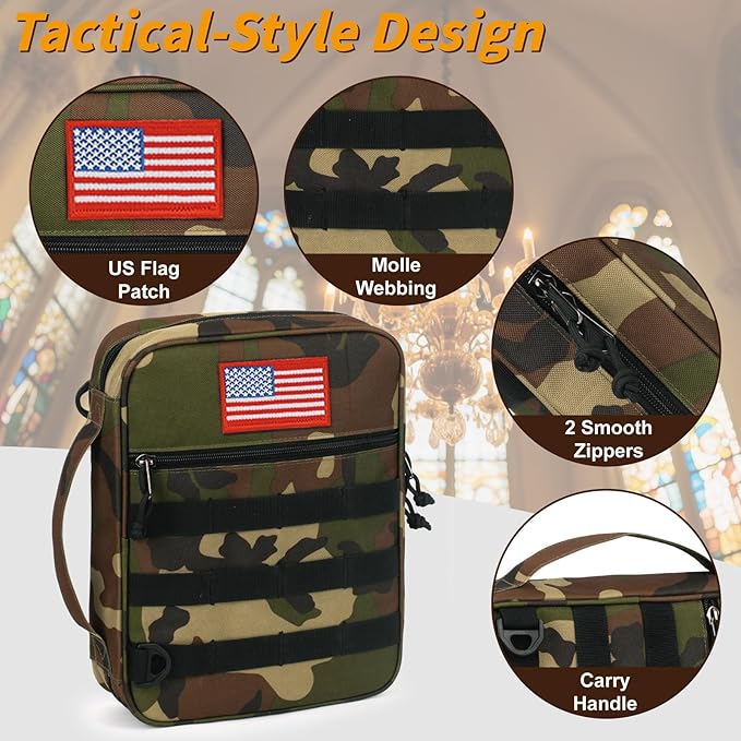 ATRIPACK Tactical Bible Cover For Men,Large Bible Case With Shoulder Strap,Water-Resistant Book cover With Handle,Multi-Functional Carrying Bible Holder Bag For Church,Study,Spiritual