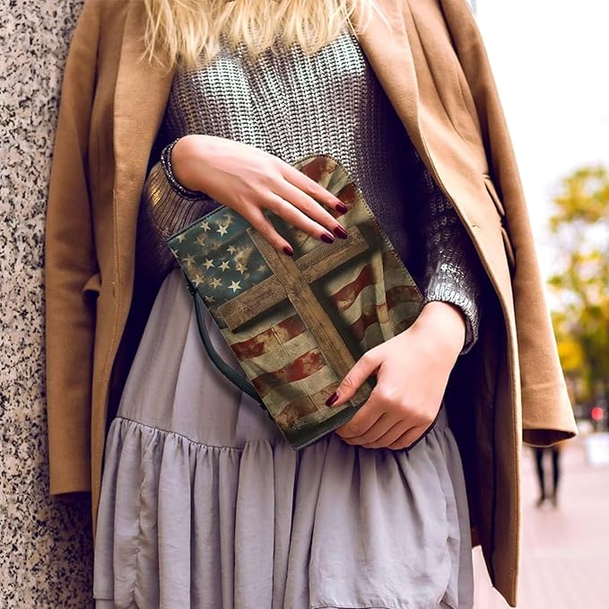 Retro American Flag Print Bible Cover Case for Women Carrying Book Case Church Bag for Biblical Carrying Book Case for Bible Accessories-Size：M