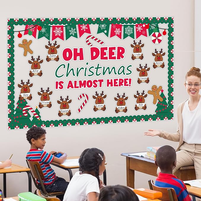 Justforjoyful Christmas Bulletin Board Decoration Christmas Deer Classroom Bulletin Board Set Xmas Reindeer Name Tag Snowflake Candy Cutouts for School Chalkboard Wall Winter Holiday Party Supplies