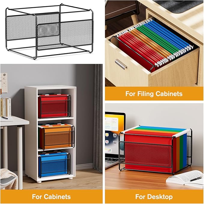 MaxGear Hanging File Organizer Box, Letter Size Hanging Folder Organizer with Smooth Rails, Metal Filing Box for Hanging File Folders, Mesh File Storage Box for Desk, Office, School,Home, Black,2 Pack