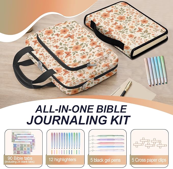 Butterfly Bible Cover Case for Women, Bible Bag for Women Organizer with Handle Zipper Pocket, Bible Study Supplies Journaling Kit, Pens Highlighters Cross Clips Tabs Christian Gift