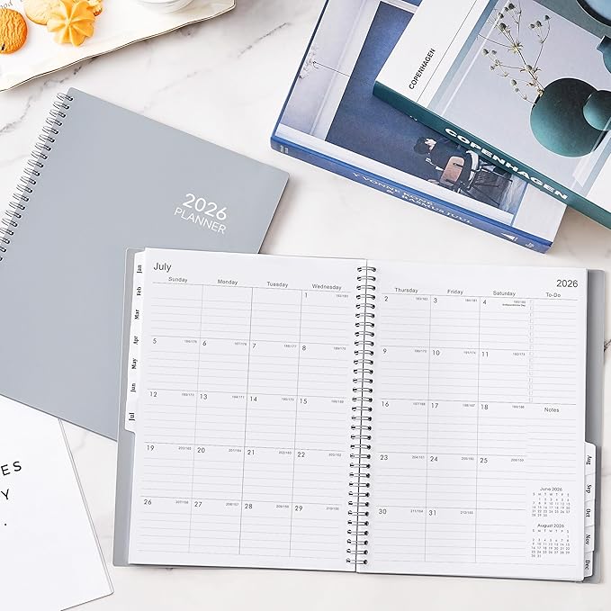 2026 Planner - January 2026 - December 2026, 9" x 11" Weekly Monthly Planner 2026, Tabs, Spiral Bound, Back Pocket, Gray