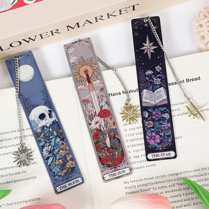 Gothic Tarot Bookmarks Gifts - 3PCS Funny Bookmarks for Women, Tarot Reading Accessories for Book Lovers, Horror Sun Moon Star Halloween Christmas Birthday Gifts for Friends Bookish