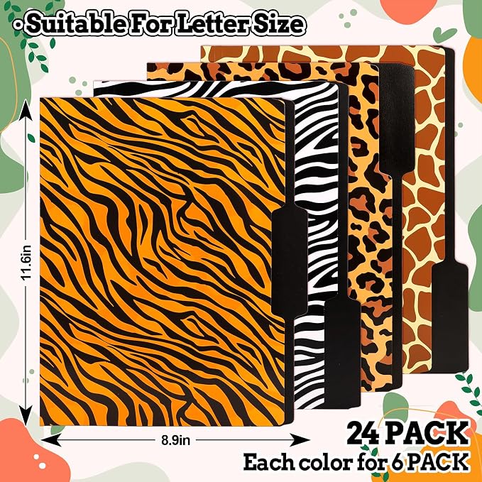 Whaline 24 Pack Animal Prints File Folders Letter Size Safari Leopard Zebra Tiger Giraffe Print File Pockets with 1/3 Cut Tab for Home Office Classroom Supplies, 8.9 x 11.6 Inch