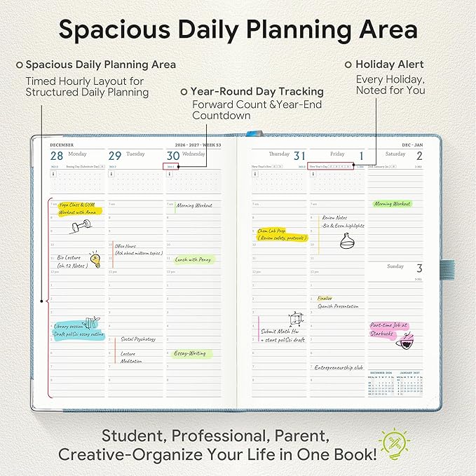 Planner 2026-2027 Weekly & Monthly Planner with Hourly Time Slots, 18 Month Academic Calendar July 2026 – Dec 2027, Vertical Layout, Monthly Tabs, Hardcover Business Agenda, Sky Blue