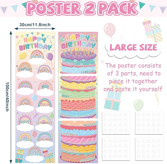 Lonfliness Happy Birthday Poster Chart Pastel Birthday Bulletin Board Decoration Macaron Birthdays Classroom Wall Door Decor for Calendar Bulletin Board Nursery Kindergarten Back to School Supplies