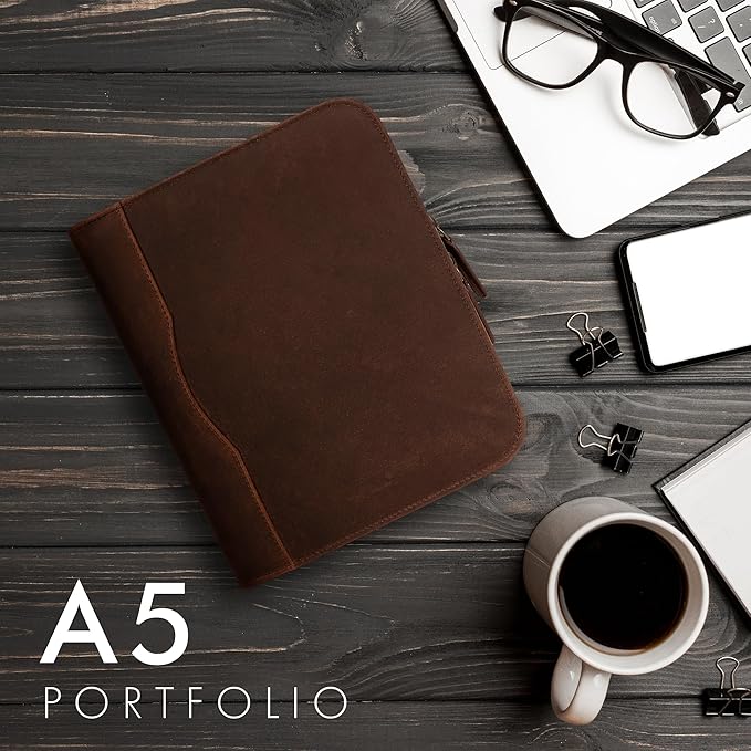 ELIZO Leather A5 Portfolio Padfolio Folio A5 Notebook Journal Cover Planner Binder Small Mens Business Work Folder Organizer (Grizzly)
