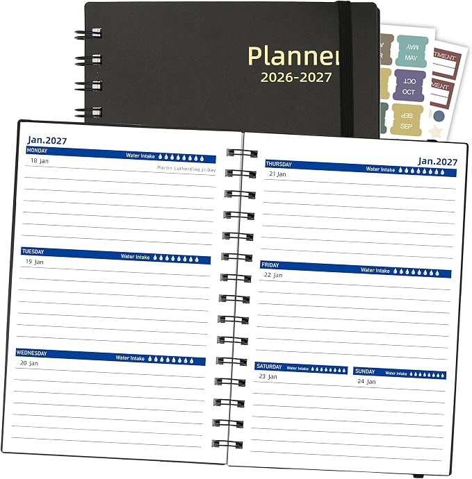 2026-2027 Weekly & Monthly Planner 5.6"x8.2", 18 Months Jul 2026–Dec 2027 Academic Agenda for School & Office, Waterproof PP Cover, Twin-Wire Binding, 100GSM Thick Paper, Black