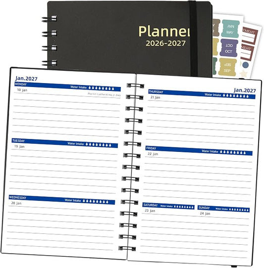 2026-2027 Weekly & Monthly Planner 5.6"x8.2", 18 Months Jul 2026–Dec 2027 Academic Agenda for School & Office, Waterproof PP Cover, Twin-Wire Binding, 100GSM Thick Paper, Black