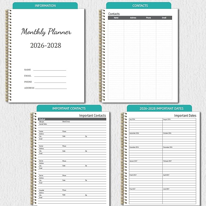 2026-2028 Monthly Planner, 2 Year Monthly Planner/Calendar 2026-208, Jul 2026 – Jun 2028, 9" x 11", Tabs, Double-Side Pocket, Holidays, Thick Paper - Black