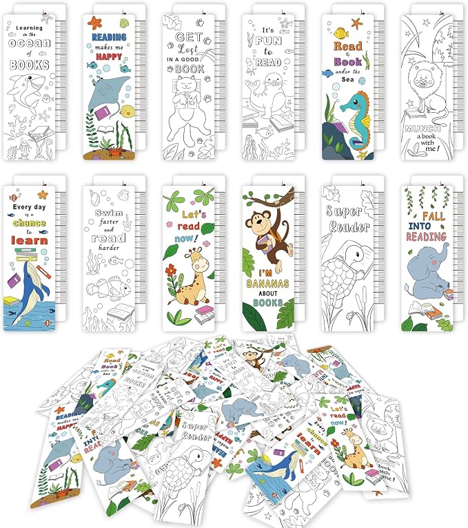 60 PCS Anseal Color Your Own Bookmarks Bulk, DIY Bookmarks for Teens, Cute Animal Bookmarks for Reading Lover, 12 Styles Fun & Personalized Bookmark for Students, Classroom Rewards Supplies