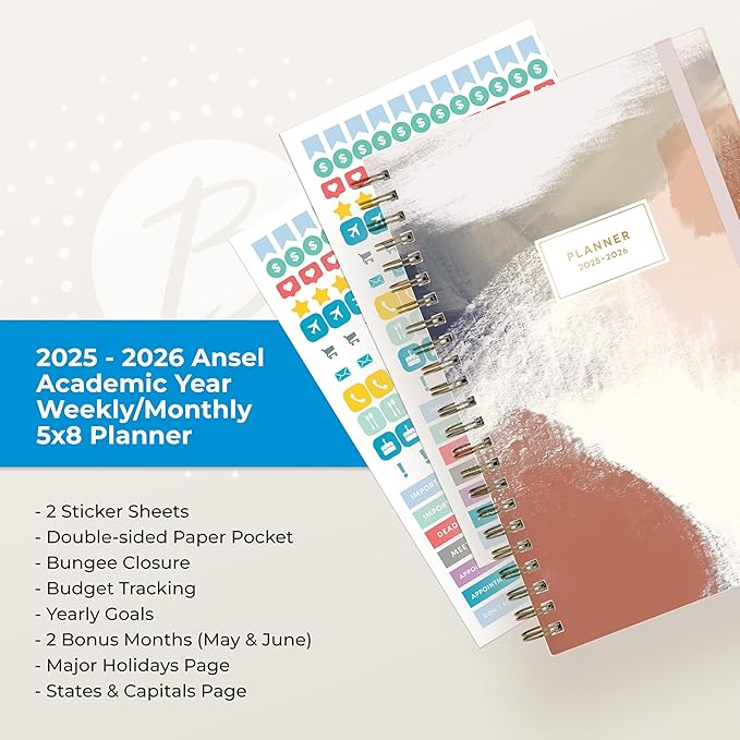 Blue Sky 2025-2026 Weekly and Monthly Academic Year Planner Calendar, July 2025 - June 2026, 5" x 8", Hard Cover, Wirebound, Storage Pocket, Laminated Tabs, Stickers, Ansel