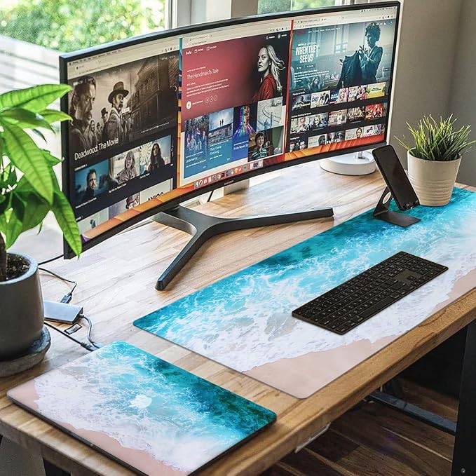 iCasso Extended Gaming Mouse Pad (35.4x15.7 in), Large Non-Slip Rubber Base Mousepad with Stitched Edges, Waterproof Keyboard Mouse Mat Desk Pad for Work, Game, Office, Home - Beach