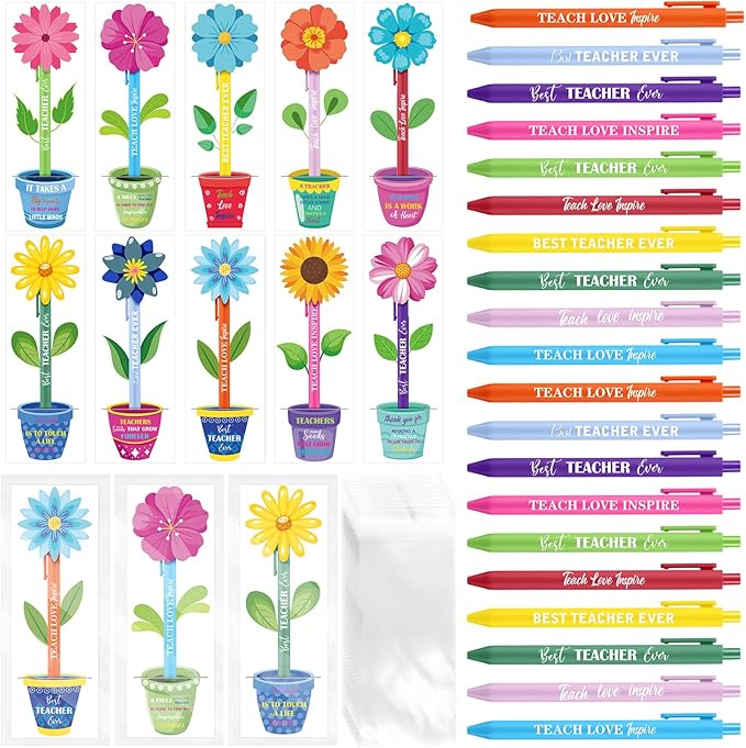 Fuyoooo 50 Set Teacher Appreciation Pens Bulk Thank You Gift Thank You for Helping Me Grow Inspirational Ballpoint Pens with Cards for School Office Supplies(Flowerpot)