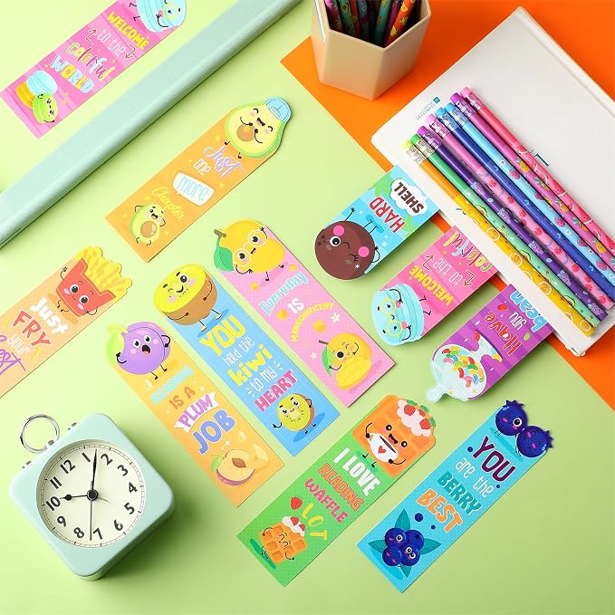 Teling 60 Pcs Inspirational Scented Pencils and Scented Bookmarks Sets Funny Pencils with Eraser Theme Bookmarks Cute Stationery Bulk for Reading Rewards Party Favors(Cute)